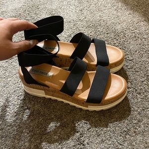 STEVE MADDEN BANDI ELASTIC CORK FLATFORM SANDALS